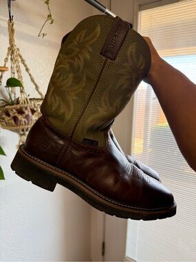 Justin Boots Brown Leather Work Boot with Olive Embroidered Shaft